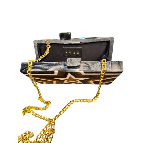 LULU NYC Black White Gold Star Design Small Box Shoulder Bag - Picture 8 of 13